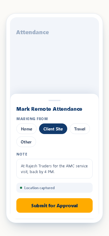Remote attendance sheet with a marking-from selector and a note field