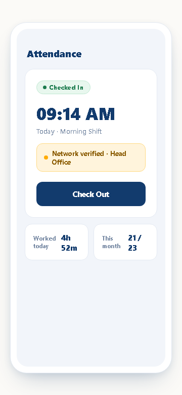 Attendance screen showing a checked-in status with a network-verified badge